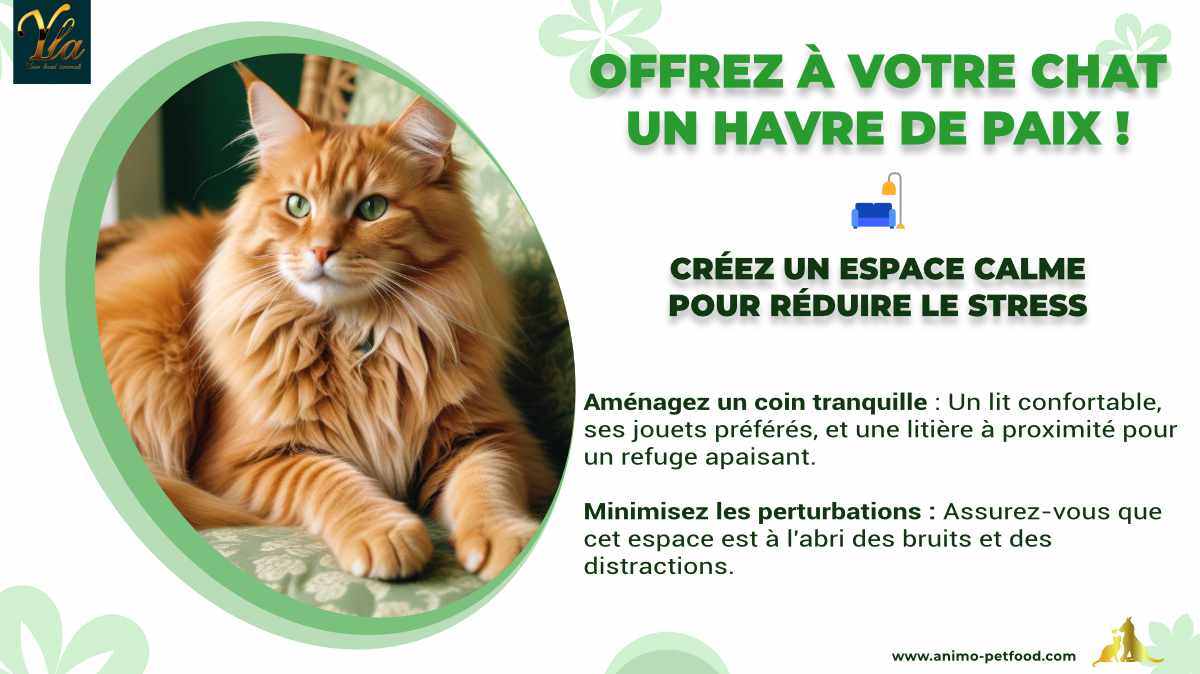 Créer un espace calme pour chat : lit confortable, jouets préférés et litière, à l'abri des bruits et distractions